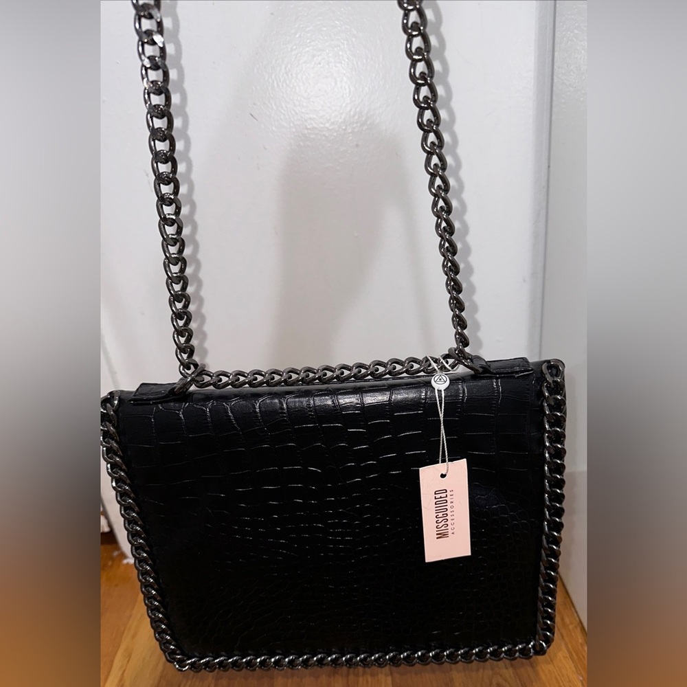 Missguided Brand New With Tags Black Faux Leather Croc Chain Bag new with tags